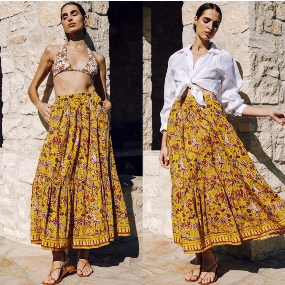 CLEOBELLA Boho Maxi Skirt Womens Small Yellow Charlene Floral Tiered Pockets